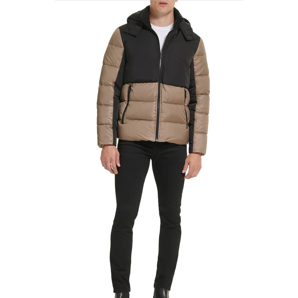 Kenneth Cole Puffer Jacket Hooded Black Tan Color Block Full Zip Mens XXL
